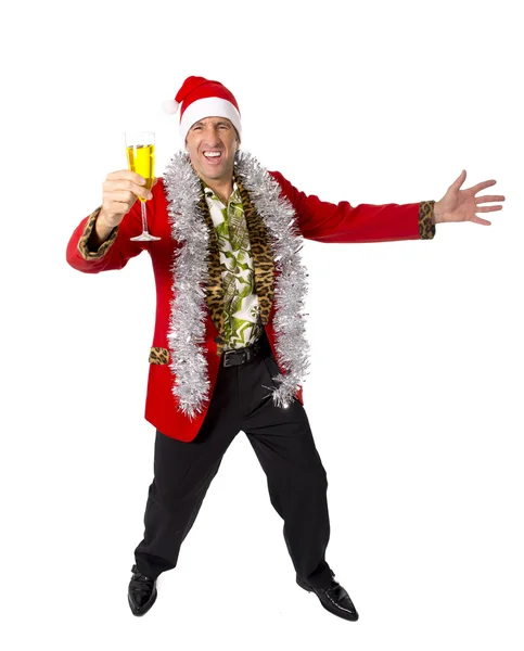 Happy drunk rake senior businessman in Champagne Christmas toast party at work wearing Santa hat — Stock Photo, Image