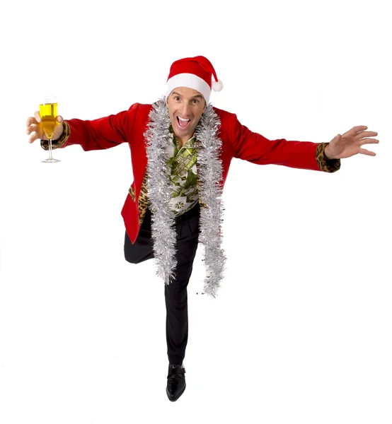 Feliz borracho rastrillo senior hombre de negocios en Champagne fiesta de Navidad tostadas en el trabajo con sombrero de Santa —  Fotos de Stock