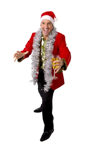 Happy drunk râteau homme d'affaires senior en Champagne Noël fête de toast au travail portant le chapeau de Père Noël — Photo