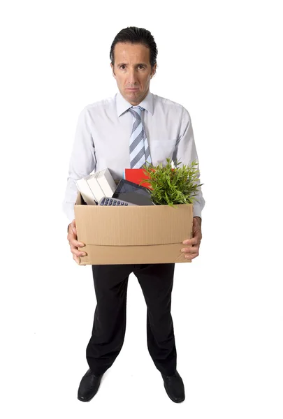 Senior businessman carrying office box fired from work sad despe — Stock Photo, Image
