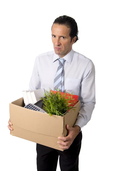 Senior businessman carrying office box fired from work sad despe — Stock Photo, Image