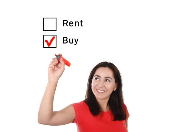 Latin woman choosing buy or rent new house option in real estate concept — Stock Photo, Image