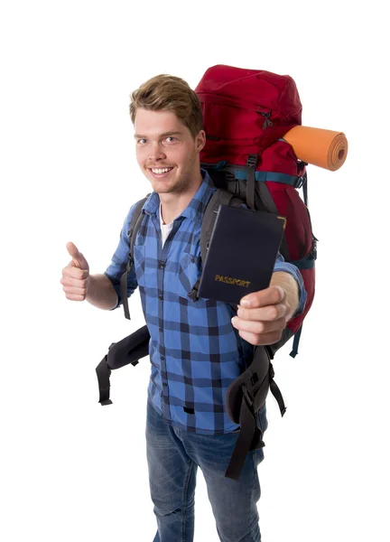 Young backpacker tourist holding passport carrying backpack ready for travel and adventure — Stock Photo, Image