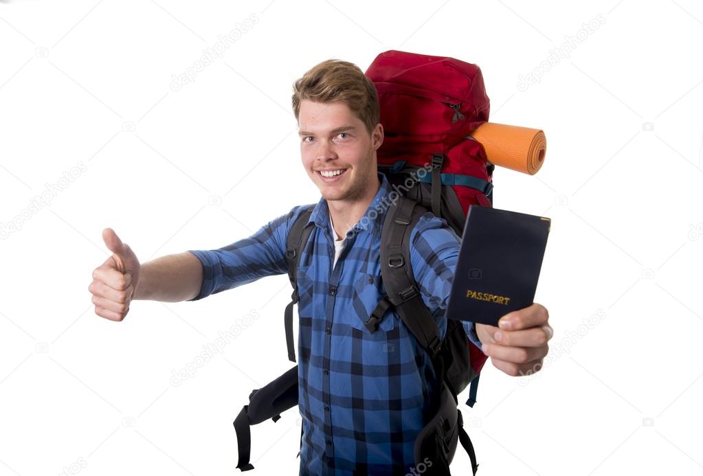 young backpacker tourist holding passport carrying backpack ready for travel and adventure