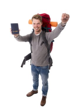 pasaport seyahat için hazır sırt çantası taşıyan tutan genç backpacker turist