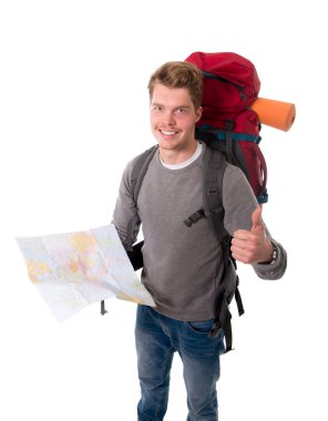 genç çekici backpacker turist taşıyan büyük bac harita arıyorum
