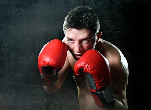 Joven combatiente enojado entrenando boxeo en guantes de combate rojos en postura de boxeador —  Fotos de Stock