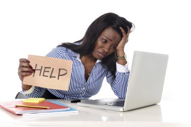black African American ethnicity frustrated woman working in stress at office clipart