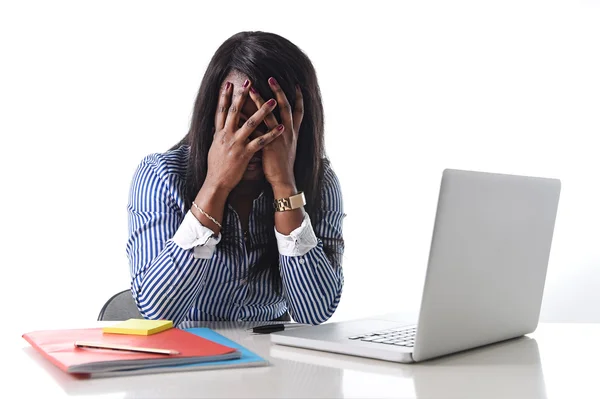 Black African American ethnicity stressed woman suffering depression at work — Stock Photo, Image