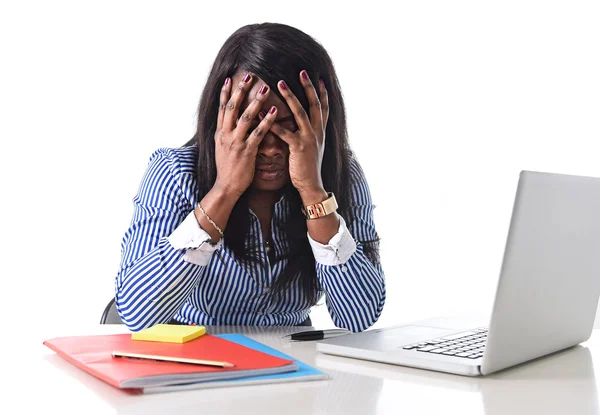 Black African American ethnicity stressed woman suffering depression at work — Stock Photo, Image