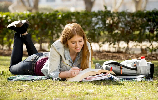 Молодая красивая студентка на территории кампуса трава с книгами, изучающими счастливую подготовку экзамена в концепции образования — стоковое фото