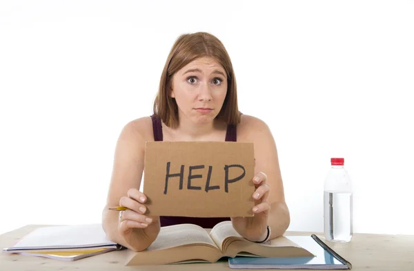 College student girl studying for university exam worried in stress asking for help — Stock Photo, Image