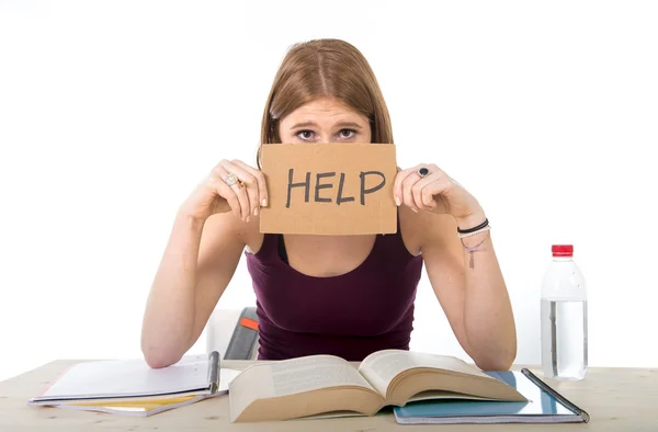 College-Studentin, die für die Uni-Prüfung studiert, sorgt sich im Stress um Hilfe lizenzfreie Stockfotos