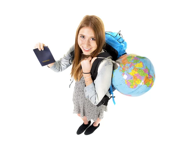 Young student tourist woman holding passport carrying backpack and world globe — Stock Photo, Image
