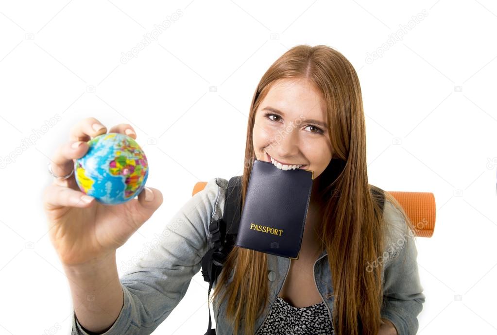 young student tourist woman holding passport on mouth searching travel destination holding world globe