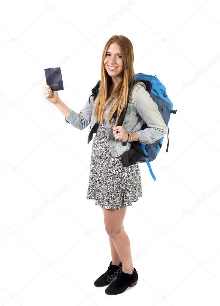 happy young student tourist woman carrying backpack showing passport in tourism concept 