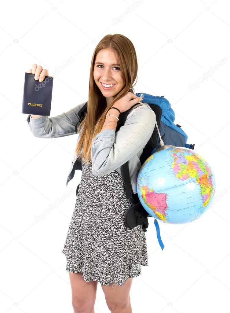 young student tourist woman holding passport carrying backpack and world globe