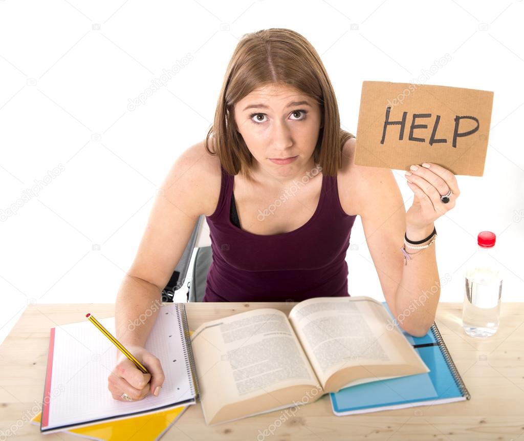young beautiful college student girl studying for university exam in stress asking for help under test pressure