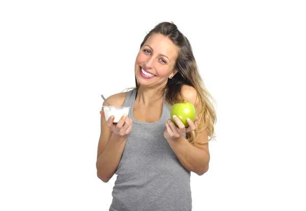 Sexy blond włosa kobieta z sprawny szczupły ciało trzyma jabłko fru — Zdjęcie stockowe