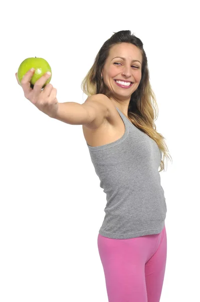 Sexy bela mulher segurando maçã verde fruta em natura saudável — Fotografia de Stock