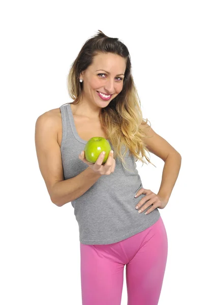 Sexy hermosa mujer sosteniendo fruta de manzana verde en nutrit saludable — Foto de Stock