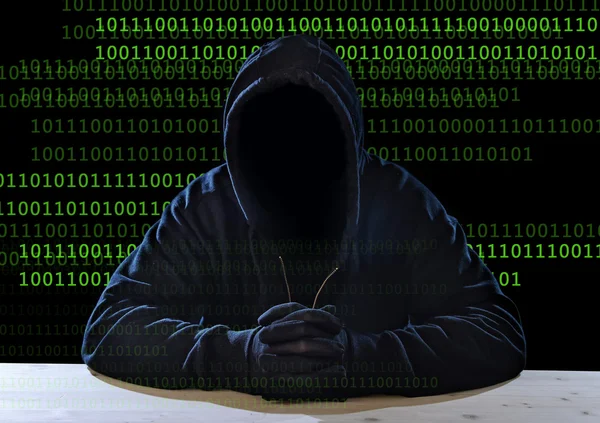 Hacking expert man in hood as sensitive information cracker cyber crime concept — Stok Foto