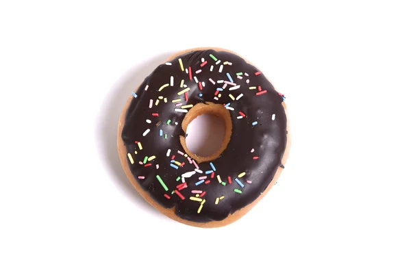 Delicious tempting chocolate donut with toppings unhealthy nutrition sugar sweet addiction concept — Stock Photo, Image