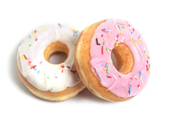 Three delicious and tempting donuts with different flavour donuts and toppings sugar sweet addiction concept — Stock Photo, Image