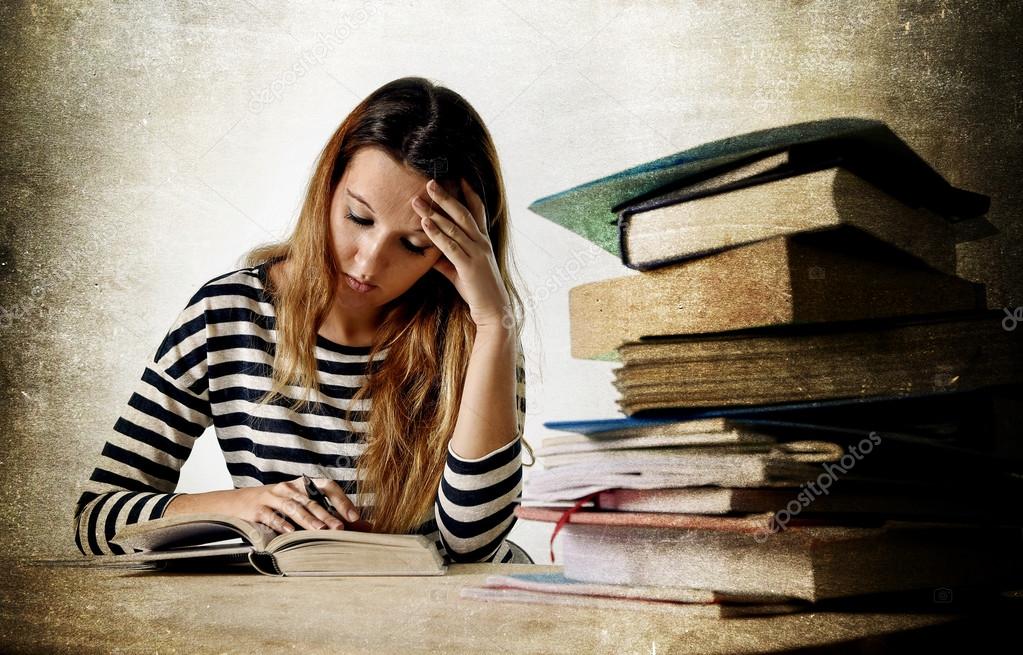 young stressed student girl studying and preparing MBA test exam