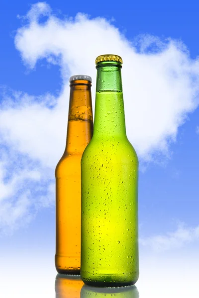 Two Cold frosted beer in green and golden brown bottle frosted and tempting — Stock Photo, Image