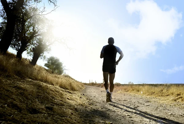 Silhouette of young sport man running on countryside in cross country workout at summer sunset — Stockfoto