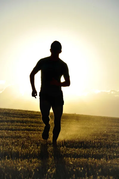Silueta joven deportista corriendo fuera de la carretera en el campo de paja retroiluminación al atardecer de verano — Foto de Stock