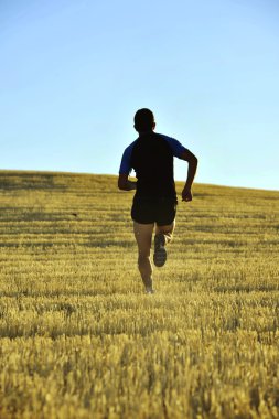 Silhouette sport man running off road in countryside on yellow grass field at sunset