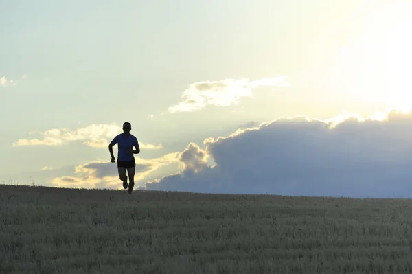 Silhouette frontale del giovane che corre in campagna allenandosi al tramonto estivo — Foto Stock