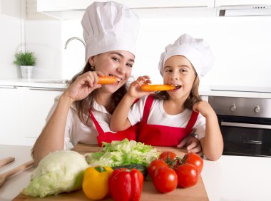 happy mother and little daughter in apron and cook hat eating carrots together having fun at home kitchen