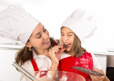 happy mother baking with little daughter eating chocolate bar used as ingredient while teaching the kid