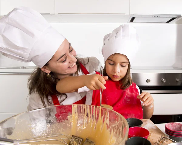 Mother baking with little daughter in apron and cook hat filling mold muffins with chocolate dough — Stock Photo, Image