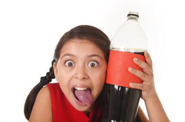 happy female child holding big soda bottle against her face in crazy and over excited expression