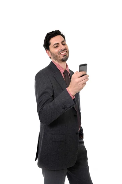 Corporate portrait of young attractive businessman of Latin Hispanic ethnicity with mobile phone — Stock Photo, Image