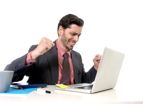 Attractive businessman working happy at office computer excited — Stockfoto