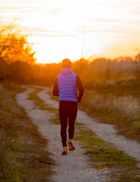 Вид ззаду молодого спортивного чоловіка, що бігає на відкритому повітрі в бездоріжжі до осіннього сонця на заході сонця з апельсиновим небом — стокове фото