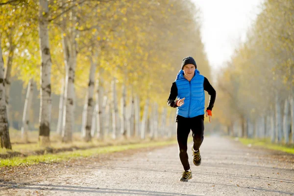 Sport man running outdoors in off road trail ground with trees under beautiful Autumn sunlight — 图库照片