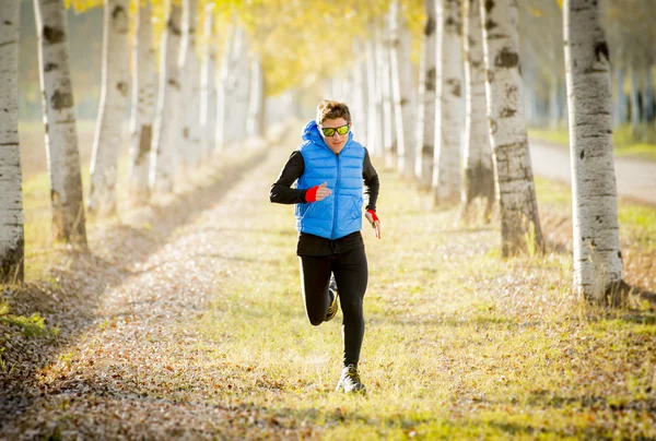 Sport man running outdoors in off road trail ground with trees under beautiful Autumn sunlight — Stock Fotó