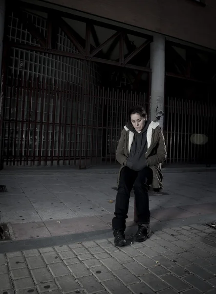 Woman alone on street suffering depression looking sad desperate and helpless — Stock Photo, Image