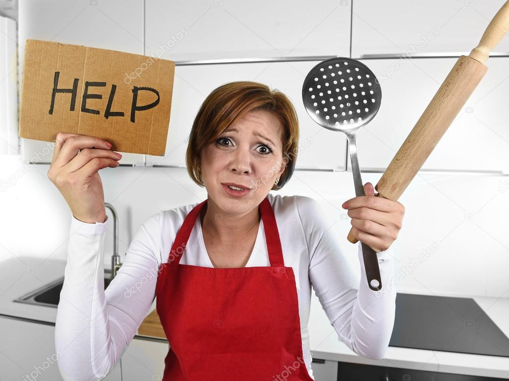 desperate inexperienced home cook woman crying in stress desperate holding rolling pin and help sign