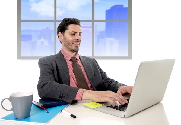 Businessman working at office computer happy satisfied and successful — Stok fotoğraf