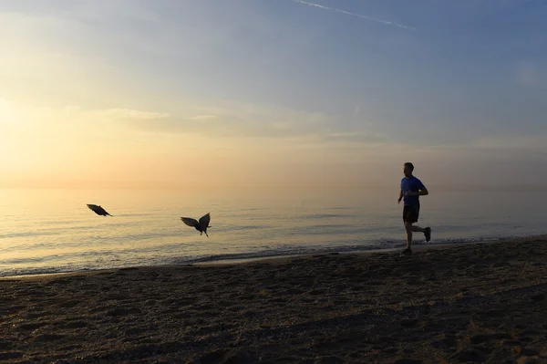 Silhouette jeune homme de sport courant à l'extérieur sur la plage au coucher du soleil avec ciel orange — Photo