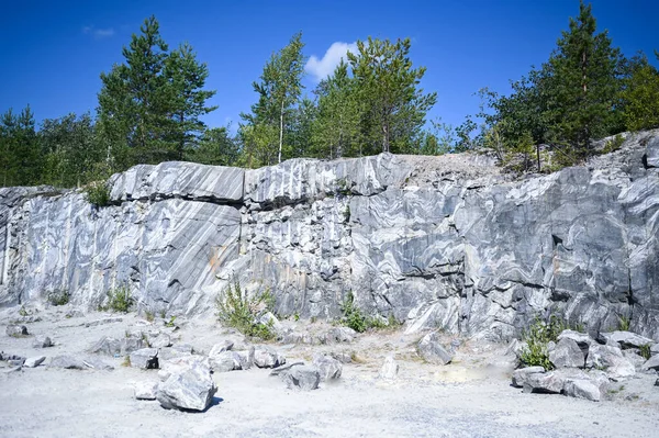 Rock Cut Raw Surface White Grey Marble Natural Environment Trees — Stock Photo, Image