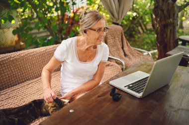 Teknoloji, yaşlılar konsepti. Ev kedisi olan yaşlı mutlu bir kadın bahçede dizüstü bilgisayarla çalışan kablosuz kulaklık kullanıyor. Uzak çalışma, uzak eğitim. 