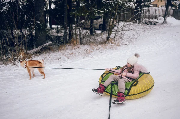 赤い柴犬と楽しいピンクの暖かい耳の中の小さなかわいい女の子は雪の白い寒い冬の屋外で膨脹可能な雪のチューブに乗っています 家族スポーツ休暇活動 — ストック写真